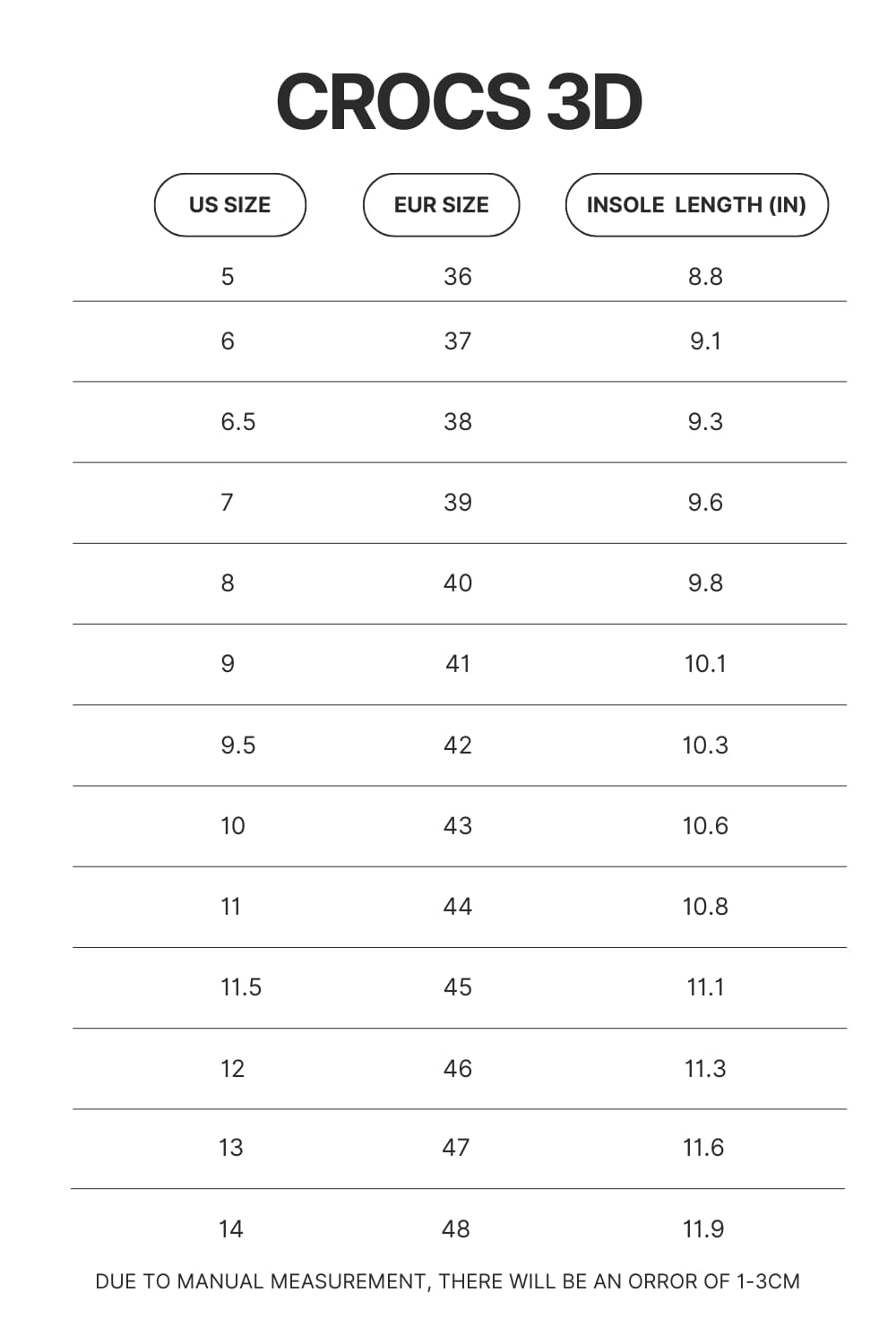 Product size chart