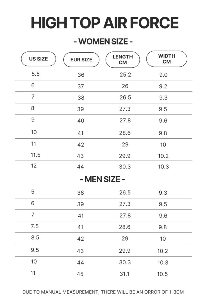 High Top Air Force Shoes Size Chart 1 1 - Anime Shoes UK Store